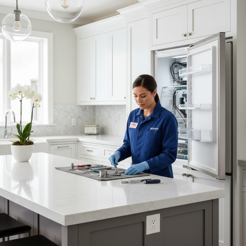 Technician repairing a premium Miele refrigerator in a San Francisco kitchen